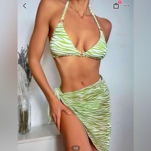 Green zebra print 3 piece bikini and wrap